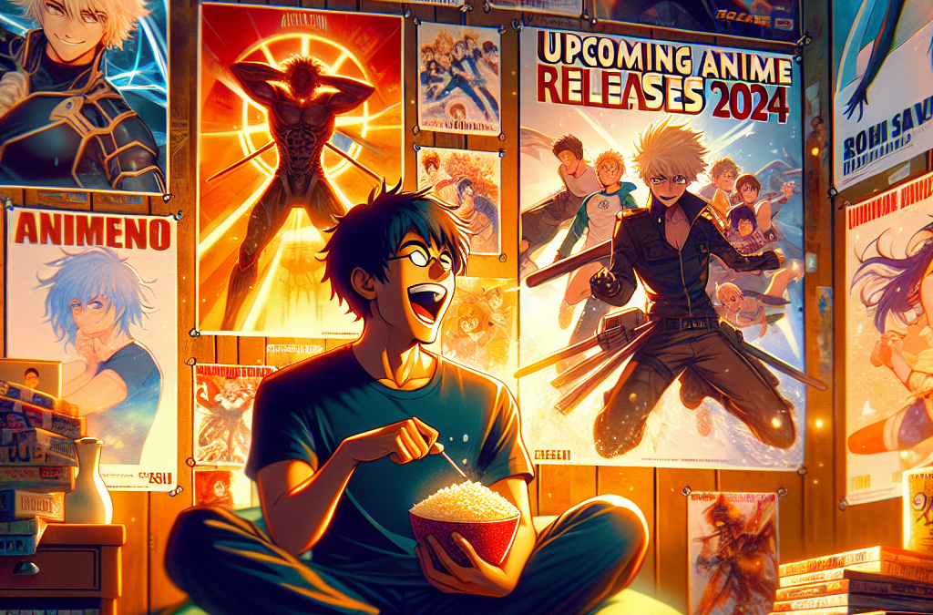 Excited fan enjoys popcorn while surrounded by colorful posters teasing Upcoming Anime Releases 2024